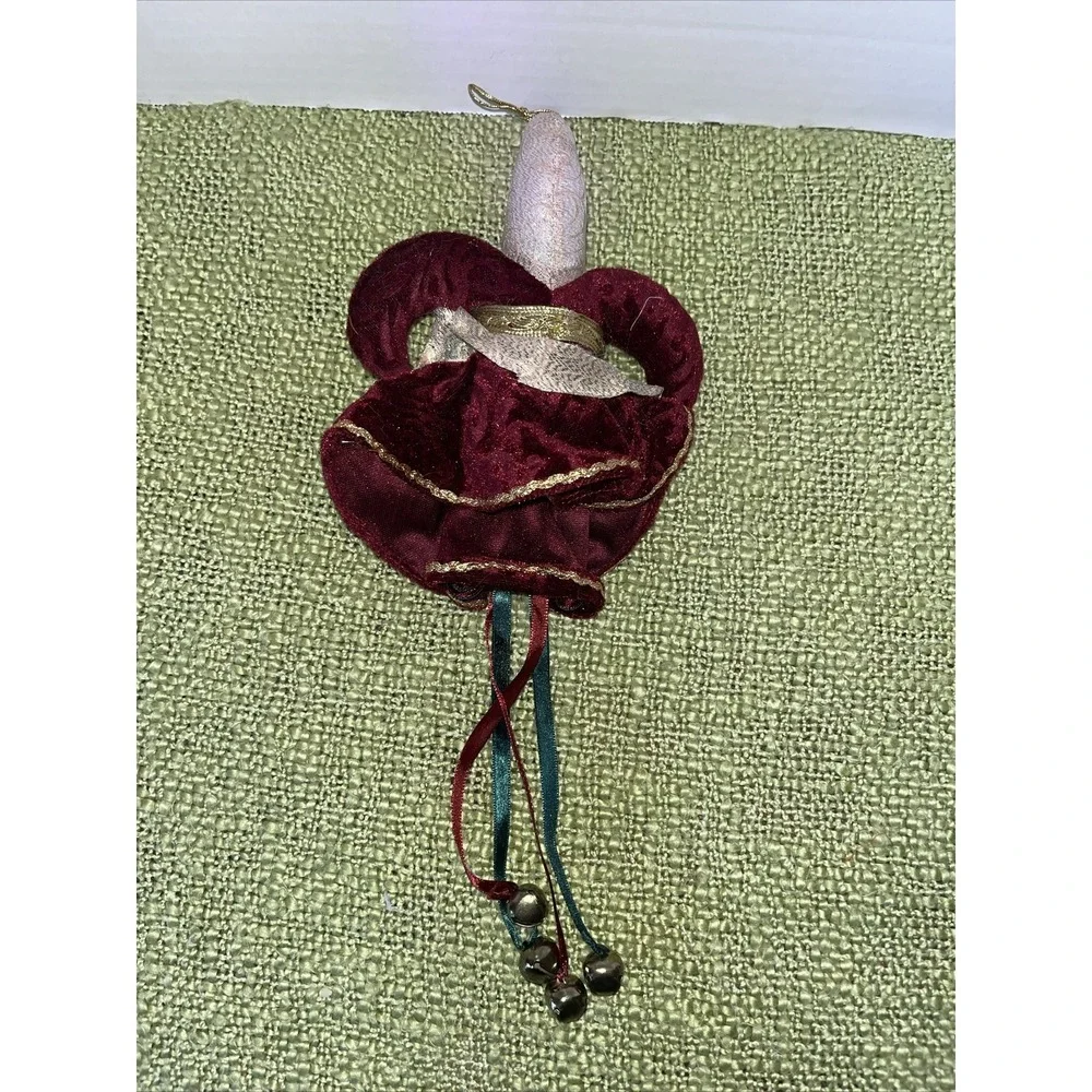 Santa Head Ornament , Velvet Jester Hat ,‎ Jingle Bells And Ribbon